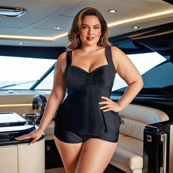 Plus 2Pc Tankini Set Black Womens 3X Dress Size 24 Cinch Front Swimsuit - Picture 1 of 8